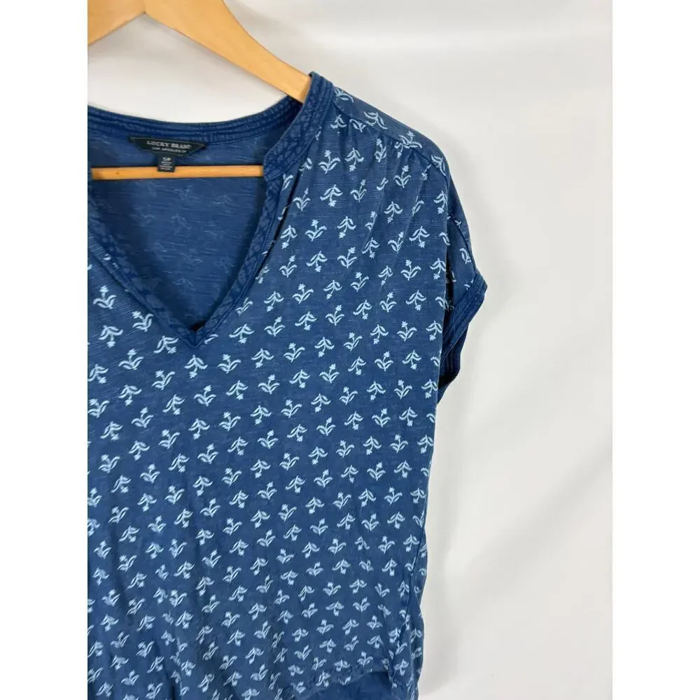 Lucky Brand Blue Short Sleeve V Neck Patterned Tshirt Size Small